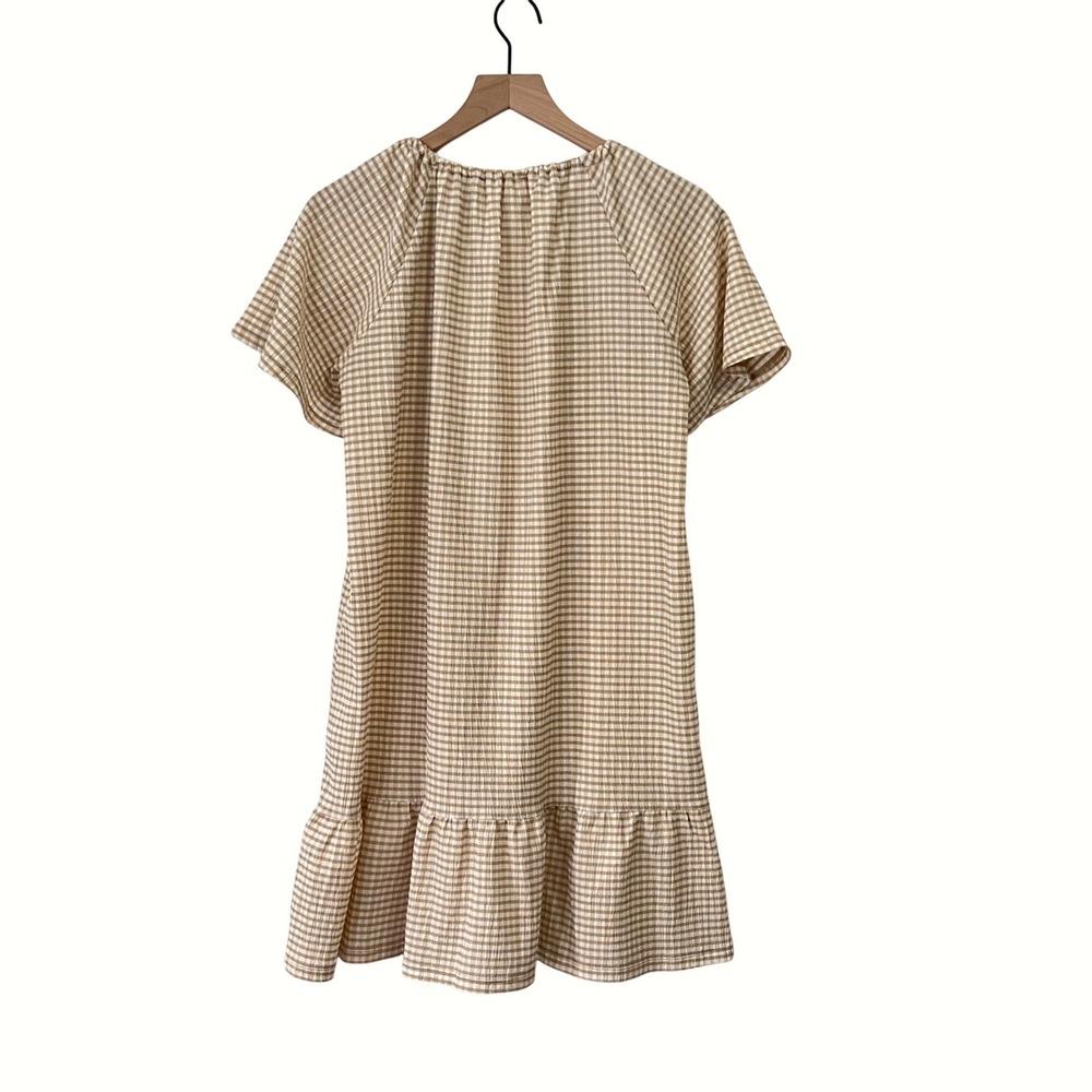 Michael Kors Dress Womens Medium Tan Gingham Check Seersucker Ruffle Cottagecore - Picture 2 of 11